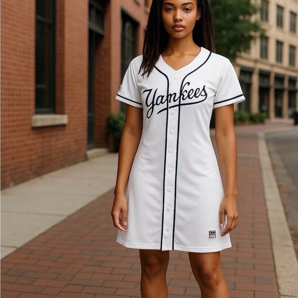 White Yankees Button-Up Dress